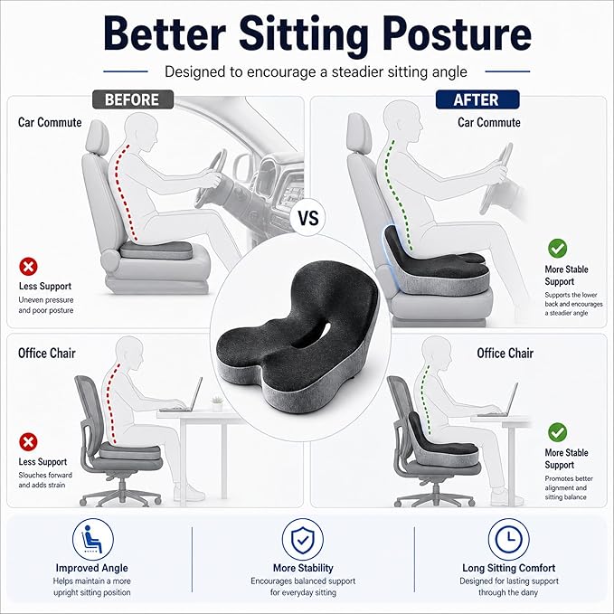 Orthopedic Cushion for Car, Extra Wide Thick Seat Cushion for Long Haul Driving with High Density Support and U-Shaped Tailbone Relief for Truck Drivers and Commuters (Dark Grey)