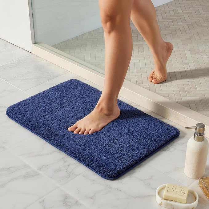 TYUU Navy Blue Bathroom Rugs, Ultra Soft Bath Rugs Non Slip Washable, Super Absorbent Quick Dry Small Bath Mat with Rubber Backing for Bathroom Floor, Shower, or Sink, Navy Blue 16" x 24"
