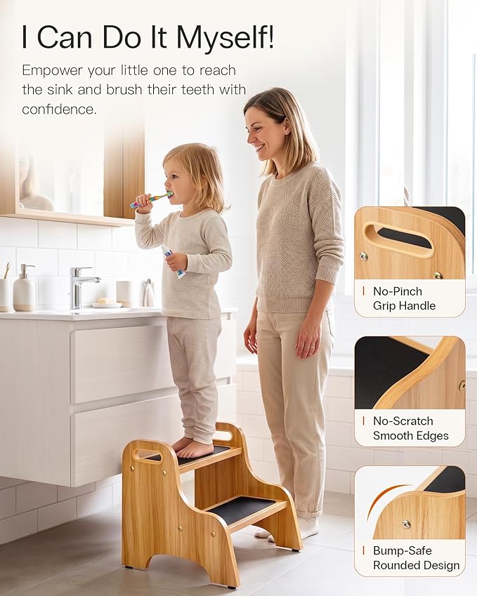 StrongTek Wooden 2-Step Stool for Kids, Non-Slip Surface with Handles, 350 lb Capacity, Toddler Step Stool for Bathroom, Kitchen and Bedroom (Natural)