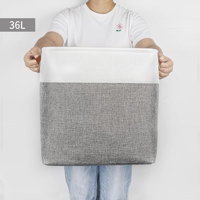 Bagnizer 13x13 Cube Storage Bins, Collapsible Fabric Storage Box, 4 Pack Closet Baskets with Handles for Organizing, Shelf, Toys, Clothes, Home, Office, Nursery (Grey&White)