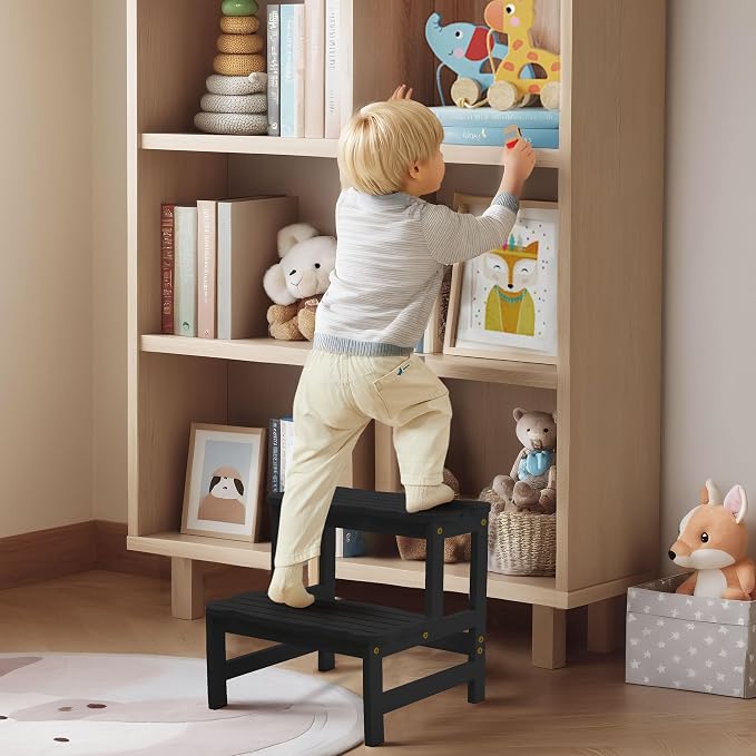 COSYLAND Step Stool for Toddlers - Two Step Stools Toddler 300 lbs Capacity with Safety Non-Slip Design, Natural Step Stool for Bathroom, Kitchen Dual Height Step Stools for Kids Black