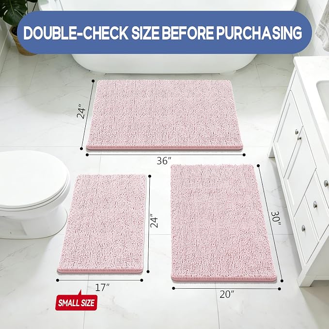 Bcoimo 36x24 Chenille Bath Mat – Non-Slip with Backing Bath Rug Ultra-Absorbent and Machine Washable Bathroom Mat Quick-Dry Design. Ideal for Bathroom Shower and Tub Areas