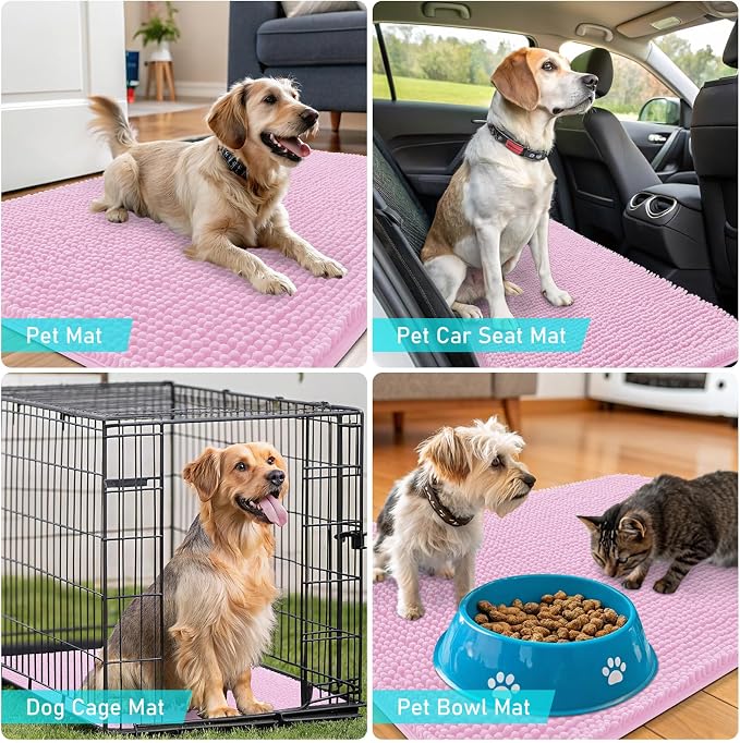 OLANLY Dog Door Mat for Muddy Paws 48x30, Absorbs Moisture and Dirt, Absorbent Non-Slip Washable Doormat, Quick Dry Chenille Mud Mat for Dogs, Entry Indoor Entryway Carpet for Inside Floor, Pink