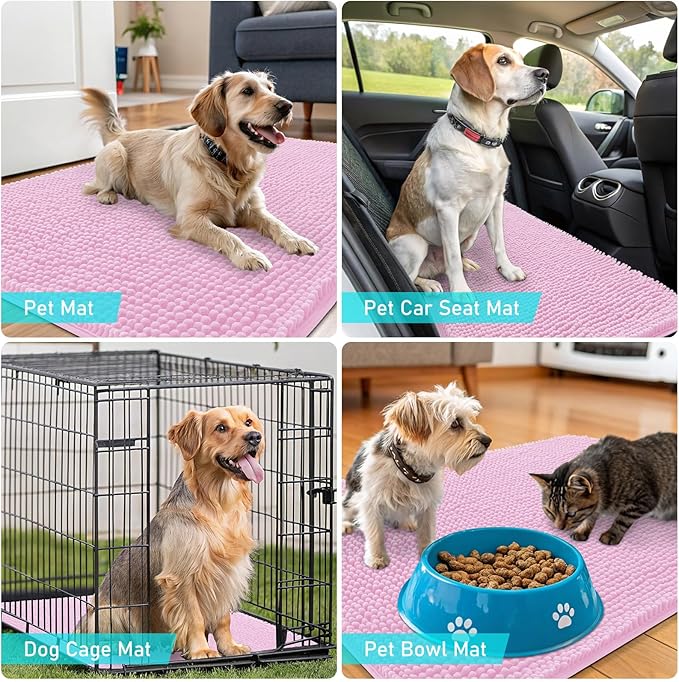 OLANLY Dog Door Mat for Muddy Paws 70x32, Absorbs Moisture and Dirt, Absorbent Non-Slip Washable Doormat, Quick Dry Chenille Mud Mat for Dogs, Entry Indoor Entryway Carpet for Inside Floor, Pink