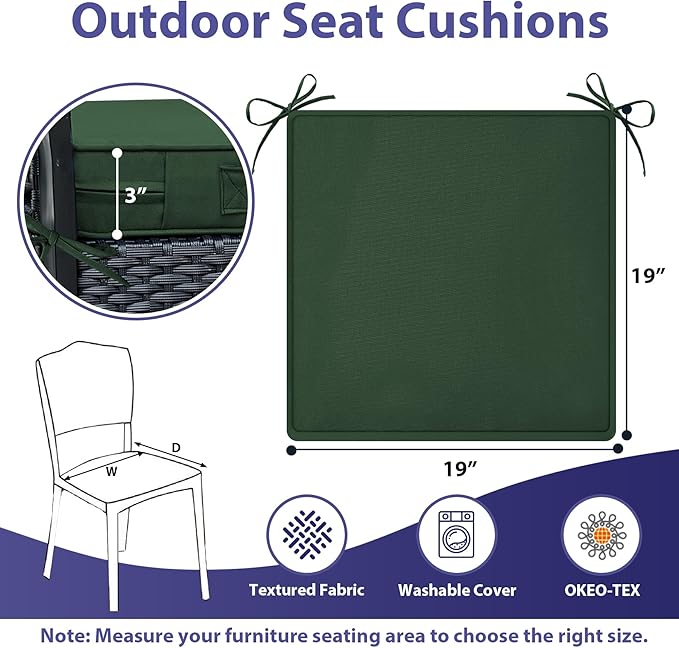 IPYNBAP Outdoor Chair Cushions Set of 4 -Waterproof Outdoor Seat Cushions for Patio Furniture, Patio Chair Cushion with Handle and Ties, Out Door Chair Pads,19x19x3-Square, Forest Green