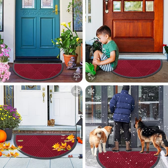 Smiry Half Circle Front Door Mat Outside Entrance, Heavy Duty Sturdy Natural Rubber Doormat, Trap Dirt and Moisture, Low Profile Mats for Indoor Outdoor Entry, Irregular Triangle (29.5x17, Wine Red)