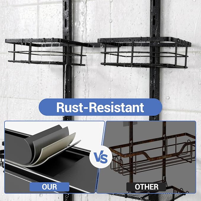 Extra Large Shower Caddy Hanging, Rust-Resistant Shower Organizer Hanging, 3 Tier Height-Adjustable Over the Head Caddy, Rack with Soap Basket (Black)