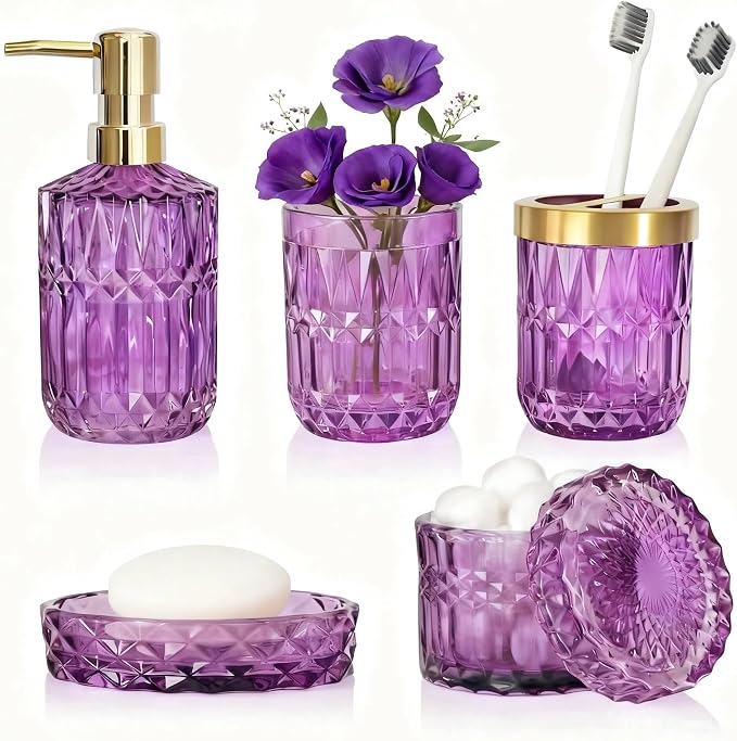 LaMrriti Purple Bathroom Accessories Set 5 Pcs, Glass Bathroom Set, Soap Dispenser and Toothbrush Holder Set, Q-tip Holder Set, Crystal Glass Vintage Bathroom Sink Set, Cute Bathroom Decor
