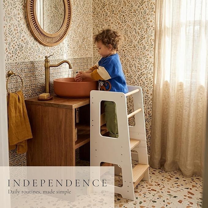 Toddler Tower for Kids, Adjustable Wooden Standing Tower & Kitchen Step Stool, Anti-Tip Montessori Tower with Removable Safety Rails & Non-Slip Steps - Sustainable Reclaimed Wood (White)