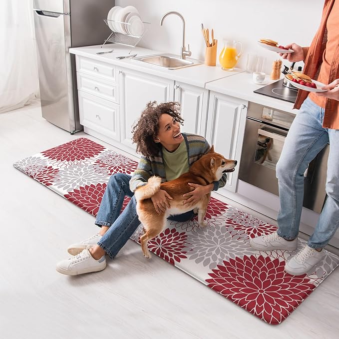 KIMODE Anti Fatigue Kitchen Mat, Cushioned Dahlia Floral Kitchen Runner, Non Slip Memory Foam Kitchen Mat for Floor, Waterproof Standing Desk Mat for Laundry, Office, Sink Red and Grey 17.3"x59"