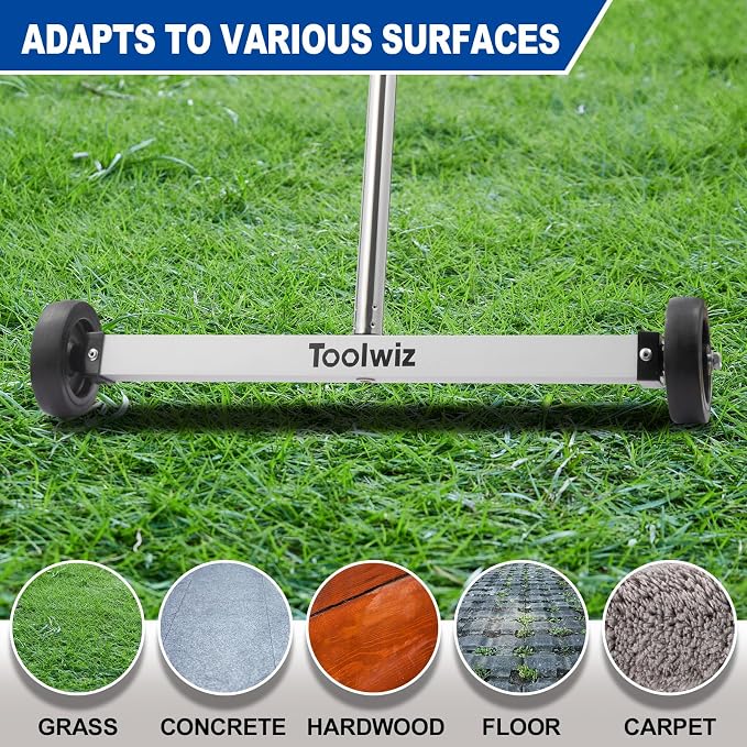 Toolwiz 17" Rolling Magnetic Sweeper 10lbs, with 8 lbs Telescopic Magnetic Pick Up tools with LED light–Lightweight Pick-up Sweeper with Wheels for Nails, Screws & Metal Debris Home Use Workshop