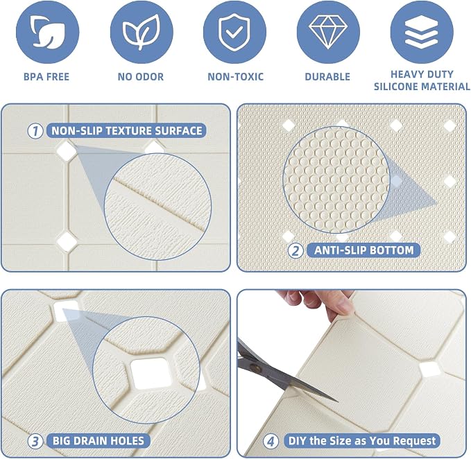 Bathtub Mat Non Slip Silicone Soft Odorless Bath Mat No Suction Cups for Refinished,Reglazed and Textured Surface Tub Shower Mats Non-Slip 18 X 28 Inch Beige