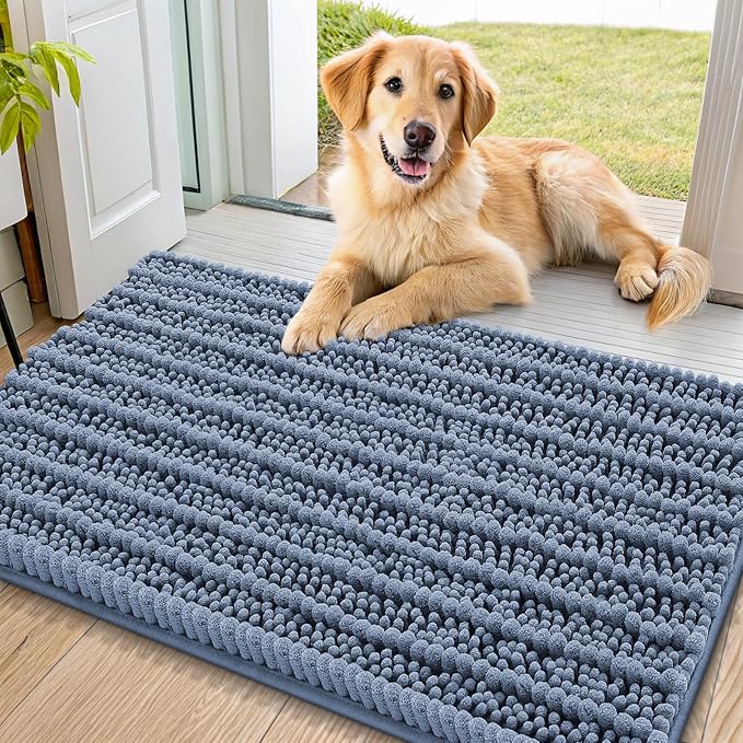 Smiry Dog Door Mat for Muddy Paws 36x24, Absorbent Dirt Trapper, Non-Slip Washable Chenille Entryway Rug for Inside Floor, Airy Blue, Layered Pattern