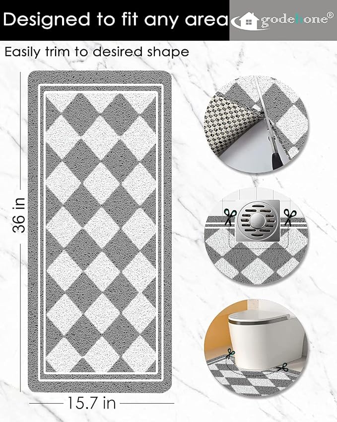godehone Shower Mats Non Slip Without Suction Cups, PVC Loofah Bathroom Mats, Loofah Mats for Shower and Bathroom, Quick Drying, 15.7× 36 Inch, Grey Geometric