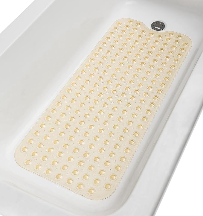 Extra-Long Non-Slip Bathtub & Shower Mat 39”x16” (Smooth/Non-Textured Tubs Only) Safe, Clean, Machine-Washable, Superior Grip&Drainage, Vinyl, Transparent Light Brown