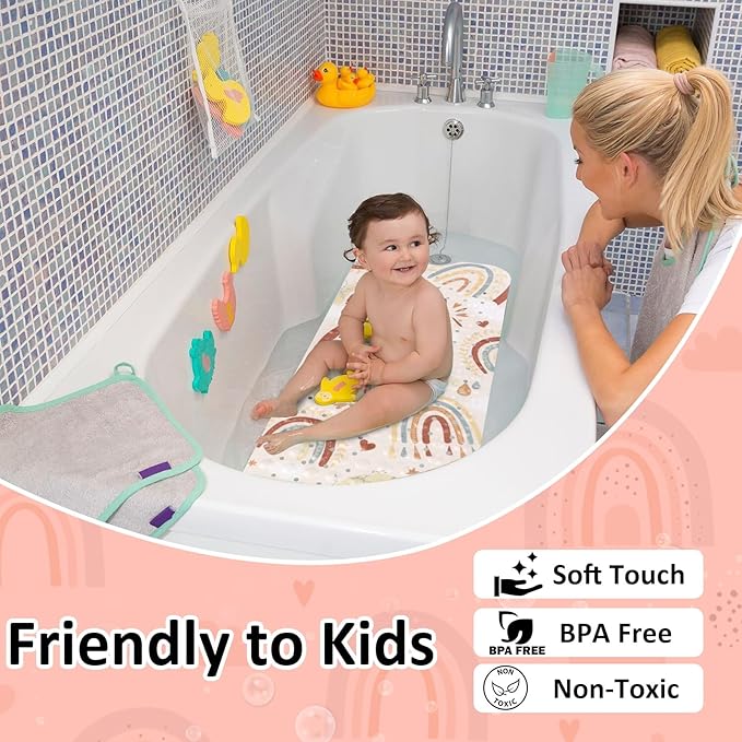 Topotdor Baby Bathtub Mat Non Slip for Kids, 40 X 16 Inch Cute Cartoon Bath Tub Shower Mat Anti Slip with Suction Cups & Drain Holes, Boho Rainbow