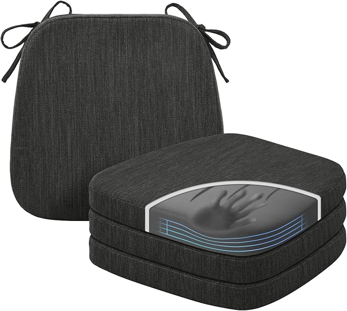 baibu Kitchen Chair Cushions Set of 4, Dual-Layer Patented Design Memory Foam Dining Chair Pads with Ties and Washable Cover, 4 Pack, 17" x 16" x 2", Black
