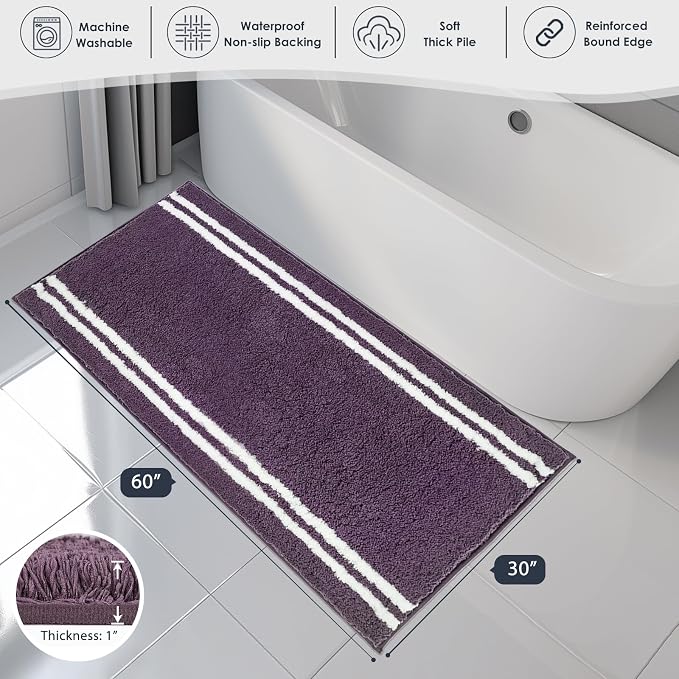 PURRUGS Bathroom Rug Non-Slip Machine Washable 30" x 60", Super Absorbent and Quick Dry Shaggy Microfiber Bath Mat, Extra Soft and Plush Bath Rug for Bathtub, Shower, and Sink, Purple