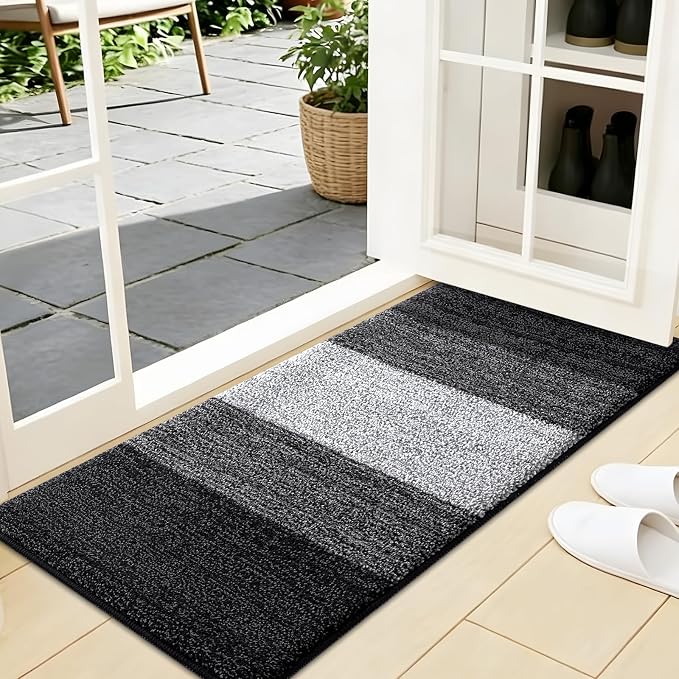 Kitinjoy Indoor Outdoor Door Mat, 44x24 Non-Slip Absorbent Dirt Trapper, Low-Profile Washable Inside Entrance Front Floor Mat, Sturdy Soft Entry Doormats for Entryway, Black