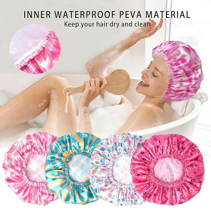 4 PCS Shower Cap for Women, Elastic and Reusable Bath Caps, Double Layers Shower Caps Reusable Waterproof, Bathing Shower Caps, Environmental Bath Hair Protection Cap - Stripes