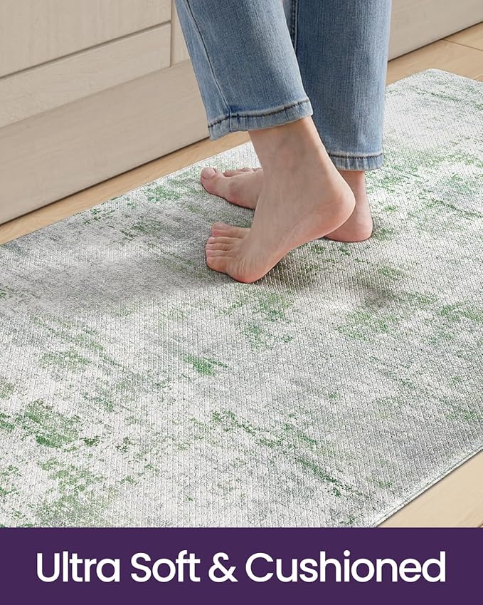 DEXI Kitchen Mats Cushioned Anti Fatigue, 23x86 Floor Padded Runner Rug Non Slip, Waterproof Standing Comfort Memory Foam for Front Sink Laundry, Green