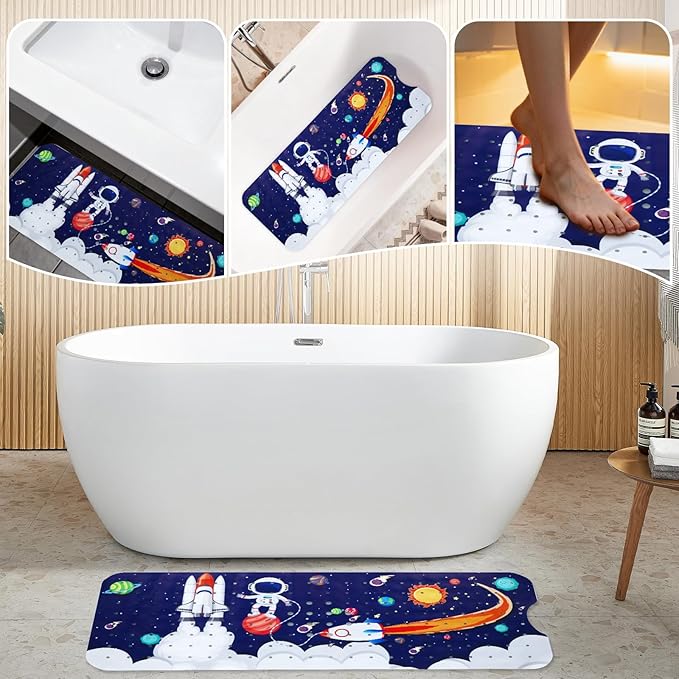 Baby Bath Mat for Tub Non Slip Kids Bathtub Mat Extra Long 40X16 Inch Toddler Bath Tub Shower Mat Anti Slip with Suction Cups & Drain Holes, Machine Washable (Space)
