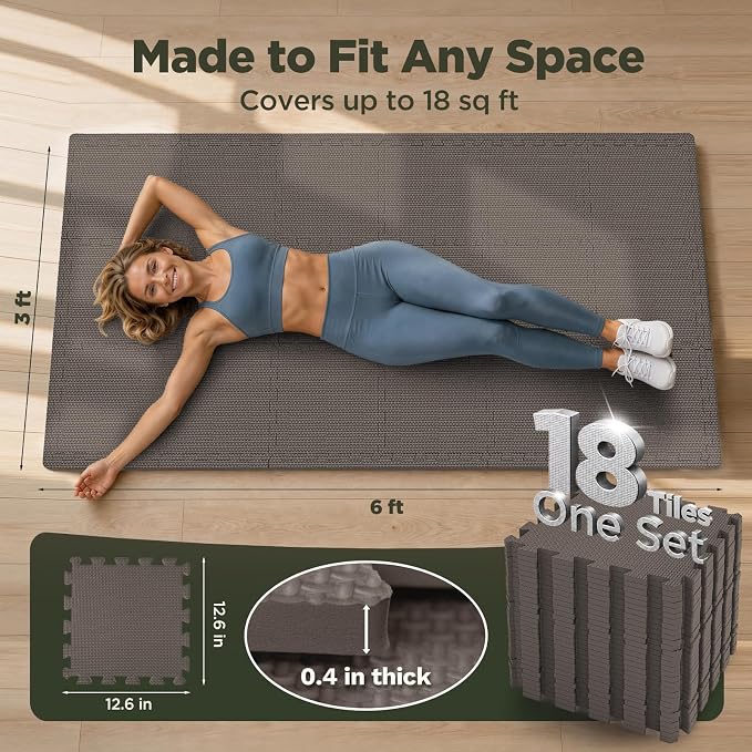 AIRHOP 18 PCS Gym Floor Mat, EVA Foam Puzzle Gym Mat, High-Density Interlocking Foam Floor Tiles for Home Gym, Play Workout Garage Kitchen Flooring 12.6"x12.6"x0.4"