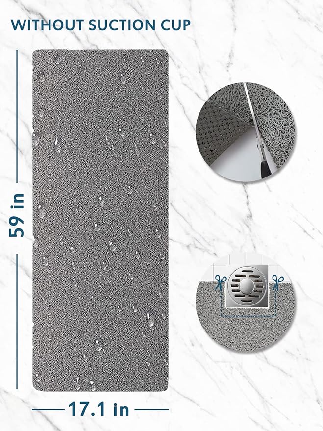 godehone Shower Mats Non Slip Without Suction Cups, PVC Loofah Bathroom Mats, Loofah Mats for Shower and Bathroom, Quick Drying, 17.1× 59 Inch, Grey