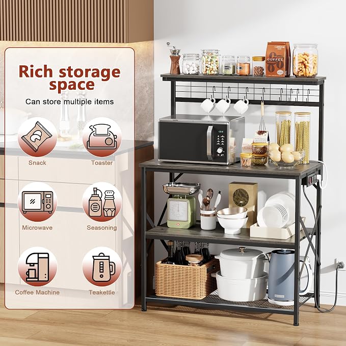 Furologee Kitchen Bakers Rack with Power Outlet,Coffee Stand with Storage 4 Tiers,Coffee Bar Station with a 31.5 Inch Larger Desktop and 8 S Hooks,Kitchen Microwave Rack for Spices,Pots,Black Oak
