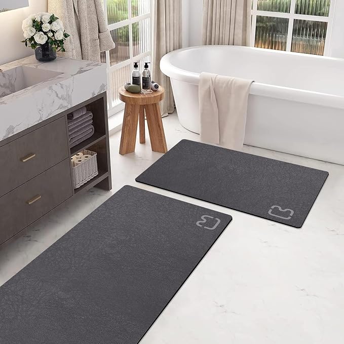 2 Piece Bathroom Rugs Mat Set - Quick Dry Diatomaceous Earth Bath Mat for Bathroom Non-Slip Bath Rug with Rubber Backing, Absorbent Bath Mats Thin Bath Floor Mat, 15.7x23.6+15.7x47.2 Inch, Dark Grey