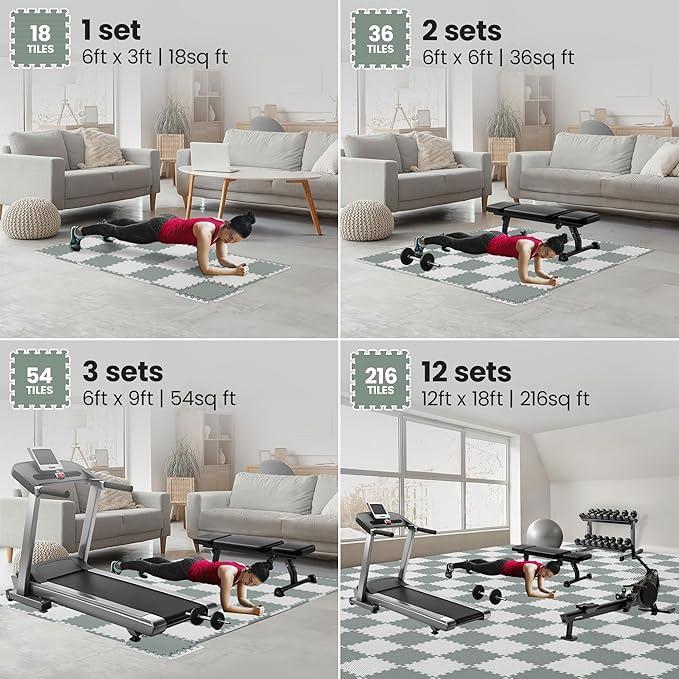 bemaxx Gym Mats Set - 18 pcs EVA Interlocking Foam Floor Tiles (12.6"x12.6"x0.4") 18sqft Protective Gym Flooring Sports Home Workout Exercise Mats Puzzle Garage Fitness Play-Room Pool Treadmill Bike
