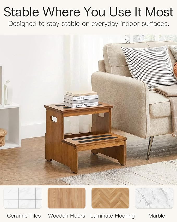 StrongTek 2 Step Stool for Adults, Heavy Duty Bamboo Step Stool with Wide Anti-Slip Steps, 13” Height, 400 lbs Capacity, Non-Slip Feet, Stable Step Ladder for Kitchen, Closet, Bedroom