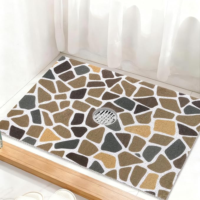 Square Shower Mat Non Slip: 32 x 24 Inch Extra Large Shower Mats with Drain Hole in Middle - PVC Loofah Anti Slip Shower Floor Matt for Inside Shower