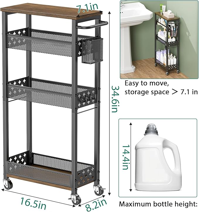 XYZLVSI Slim Storage Cart 4 Tier Laundry Cart with Wheels, Narrow Metal Kitchen Rolling Carts Bathroom Organizers Storage Shelf with Wood Rack and Handle for Small Space