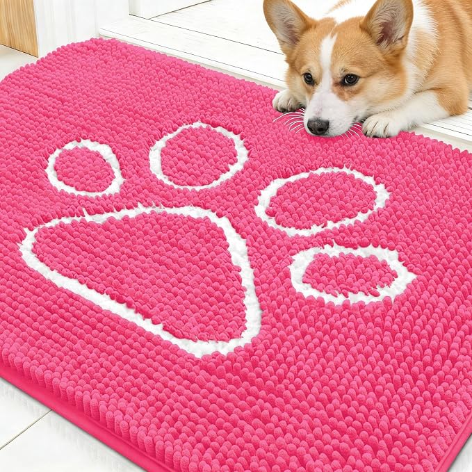 OLANLY Dog Door Mat for Muddy Paws 30x20, Paw Print Design, Absorbs Moisture and Dirt, Absorbent Non-Slip Washable Doormat, Quick Dry Chenille Mud Mat for Dogs, Entry Indoor Entryway Carpet, Hot Pink