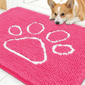 OLANLY Dog Door Mat for Muddy Paws 30x20, Paw Print Design, Absorbs Moisture and Dirt, Absorbent Non-Slip Washable Doormat, Quick Dry Chenille Mud Mat for Dogs, Entry Indoor Entryway Carpet, Hot Pink
