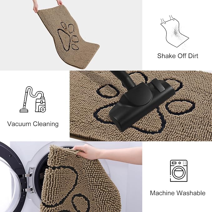 Smiry Dog Door Mat for Muddy Paws, Absorbent Dirt Trapper Non Slip Quick Dry Washable Chenille Mat for Mud Dogs, Entry Rug for Indoor and Outdoor (47x20 Inches, Camel and Black)