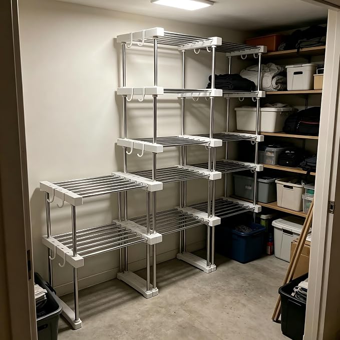 BLULEE Expandable Under Sink Organizer, No-Drill Adjustable Shelf for Heavy Laundry Supplies, Custom Fit Around Pipes Cabinet Rack for Bathroom Vanity and Kitchen Pantry