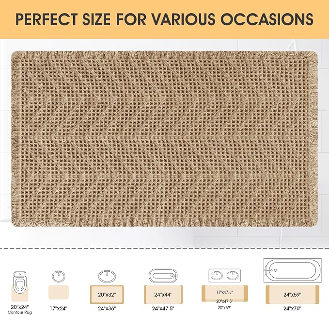 Upgrade Waffle Bath Mat, Boho Bathroom Rugs Absorbent Non Slip, Ultra Soft Bathroom Mat, Machine Washable Knit Bath Rugs with Herringbones for Bathroom, Bedroom, Kitchen, Shower, Tub,32"x20", Beige