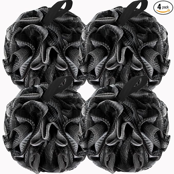 BCKENEY Bath Loofah Shower Sponge Body Back Scrubber Soft Mesh Shower Puffs Exfoliating Loofa for Women & Men Bath Accessories Cleaning Tool (4Pack 60G Black, Charcoal Black)