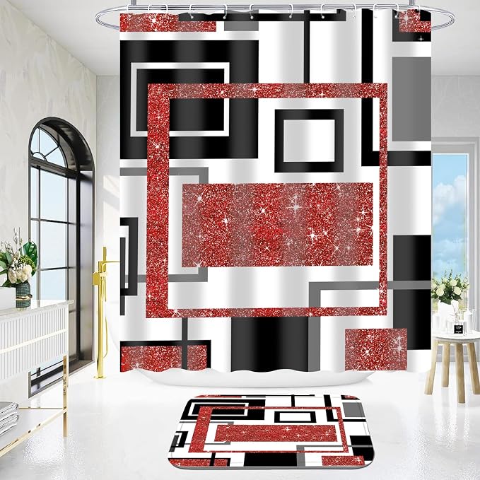 4 Pcs Red Geometric Shower Curtain Sets with Toilet Lid Cover and Non-Slip Rugs, Red Modern Abstract Bathroom Decor Sets with Shower Curtain and Rugs for Bathroom