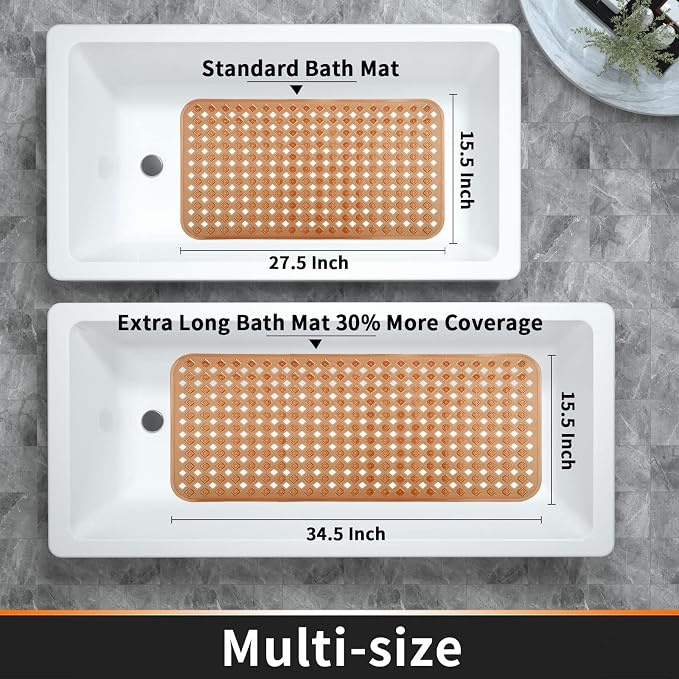 Yimobra Bathtub Mat Non Slip, 35"X16" Shower Mat with Strong Suction Cups&Drain Holes, Long Anti Slip Bath Tub Mat for Inside Shower, Machine Washable Fast Drying, Bathroom Essentials,Clear Brown