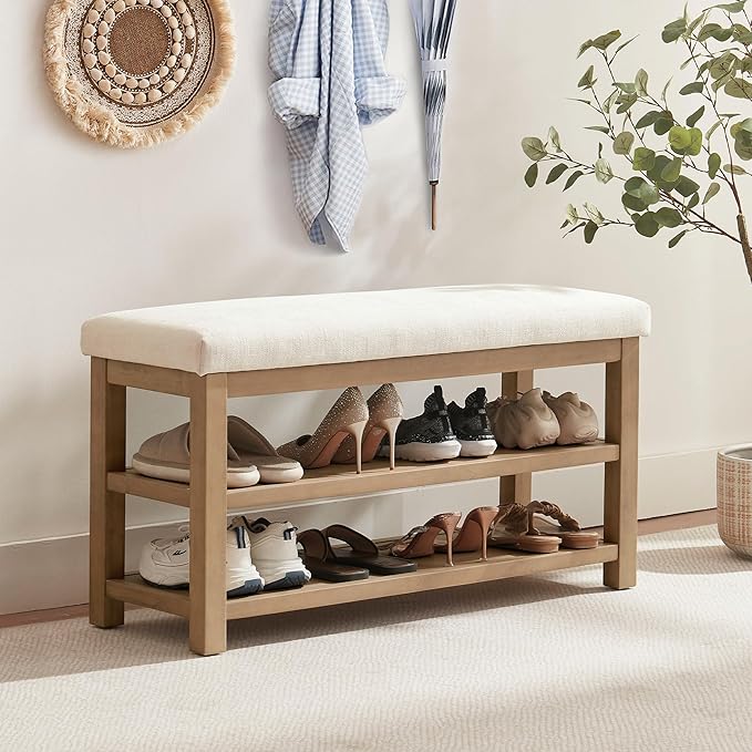 Zihanhome 2 Tier Shoe Rack Bench with Cushion, Solid Wood Shoe Benches, Mid-Century Modern Shoe Storage Bench for Entryway, Hallway, Living Room, Closet, Front Door Entrance, (Beige, 39.4")