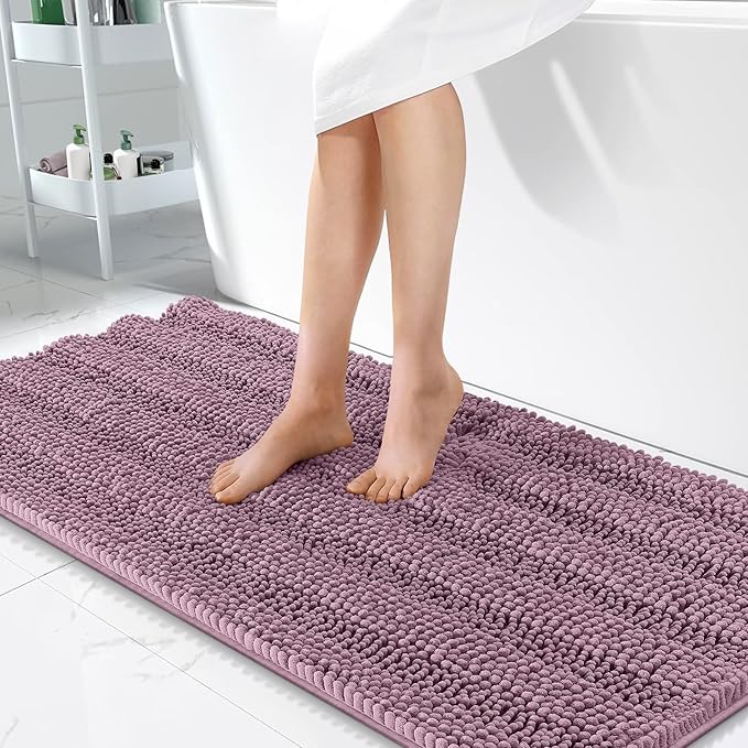 OLANLY Thick Bathroom Runner Rugs 47x24, Extra Absorbent Chenille Striped Bath Rugs, Rubber Backing, Machine Wash Dry, Long Bath Mats for Bathroom, Tub and Shower, Home Decor Accessories, Deep Plum