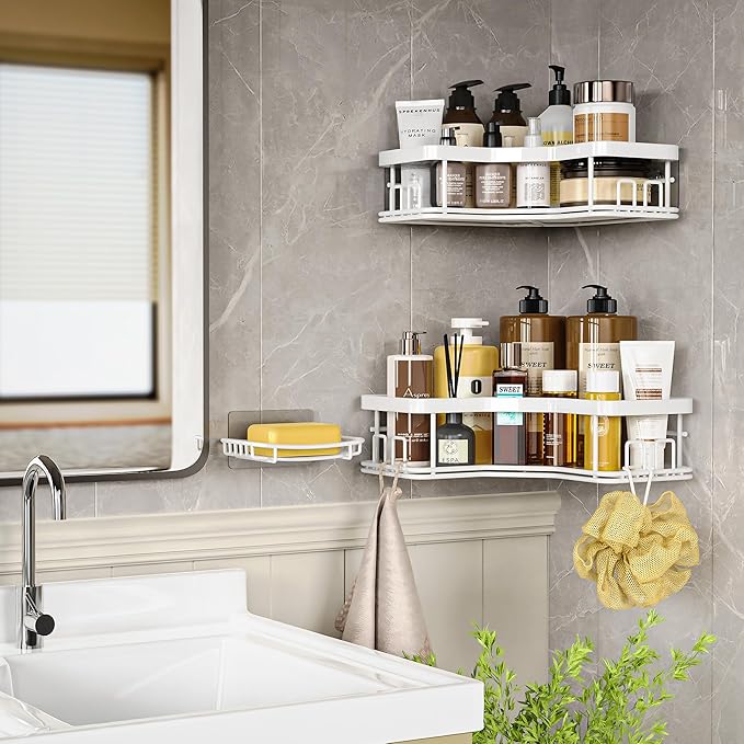 MAXIFFE 3 Pack X-Large Corner Shower Caddy with Soap Holder, Large Capacity Sturdy Easy Install No Drilling Stainless Steel Hold 40 LB Shower Organizer Shelves Rack for Family Renters Bathroom, White