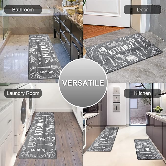 HEBE Kitchen Rugs Set of 2, Cushioned Anti Fatigue Kitchen Mats for Floor, Non Slip Waterproof Comfort Standing Desk Mat Carpet for Sink, Stove, Laundry Room, Gray