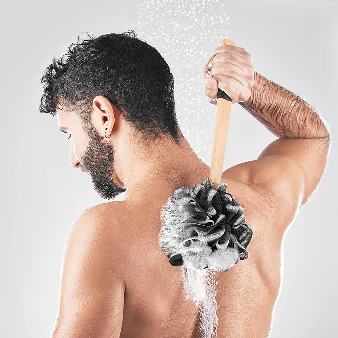 FORENEE Long Loofah with Handle, Back Scrubber for Shower, Loofah on a Stick (19.09"), Black & White 4.72" Jumbo Mesh PE Pouf, Waterproof Coated Wooden Handle, Non-Slip Grip, Hanging Loop, Men & Women