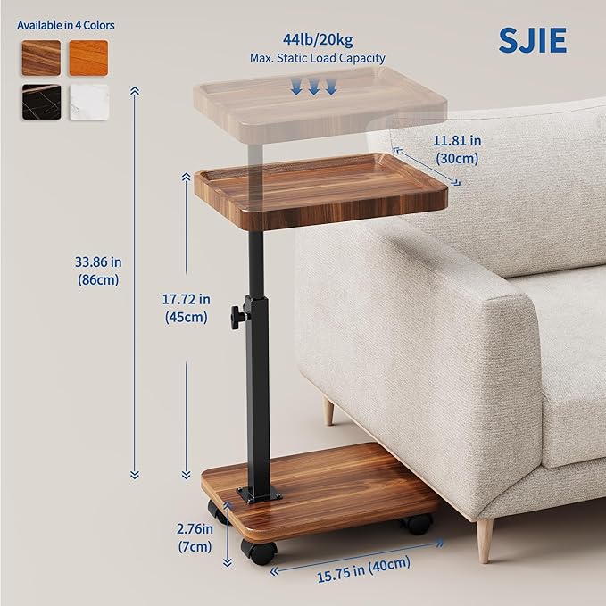 C Table End Table Adjustable Height, 360°Swivel TV Tray Table for Small Spaces, Side Tables with Wheels for Living Room and Bedroom, Bed (Walnut)