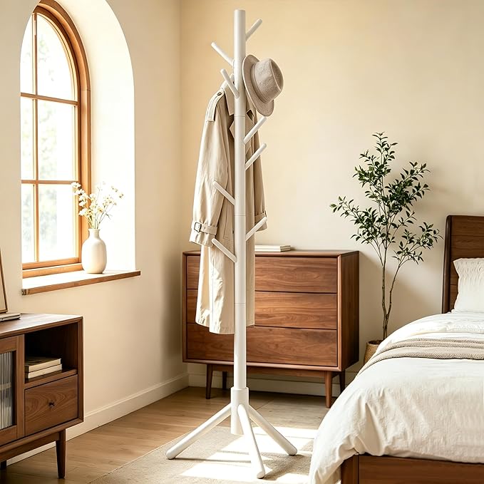 Wooden Coat Rack Freestanding with 8 Hooks & 3 Adjustable Sizes for Clothes, Space-Saving Design for Bedroom Office Entrance Holds Hats Coats Scarves Bags