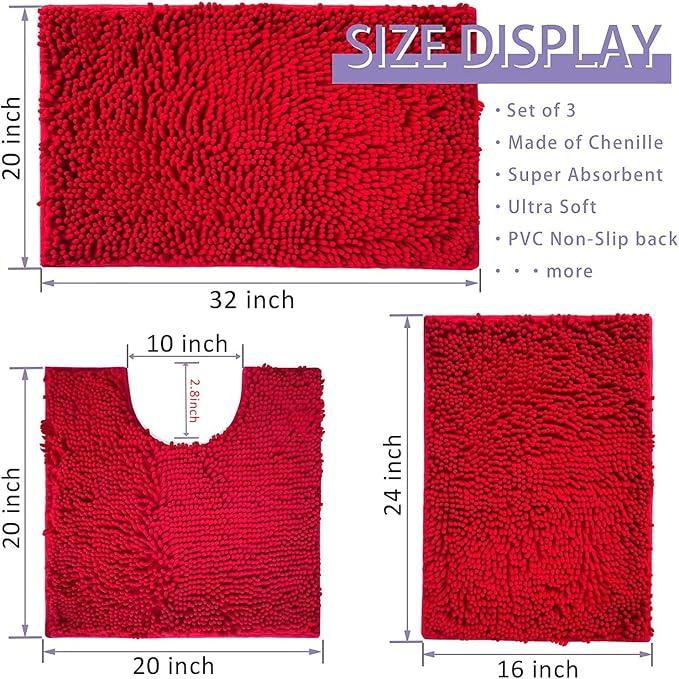 Red Bathroom Rugs Non Slip Thick Bath Mat Sets 3 Piece, Thickened Bath Mats for Bathroom,Bath Rugs Quick Dry Machine Washable for Shower Mat-Rugs for Living Room-Christmas Decorations Bthroom Set